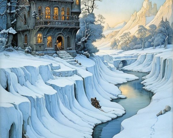 Serene Winter Landscape with Majestic House and River