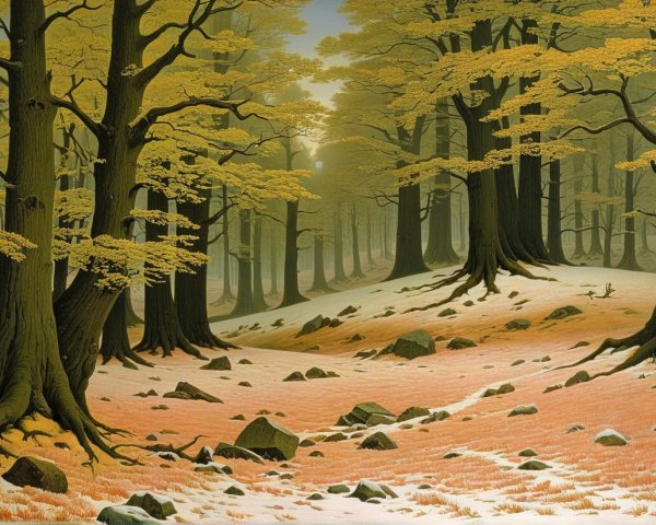 Serene forest scene with autumn foliage and sunlight