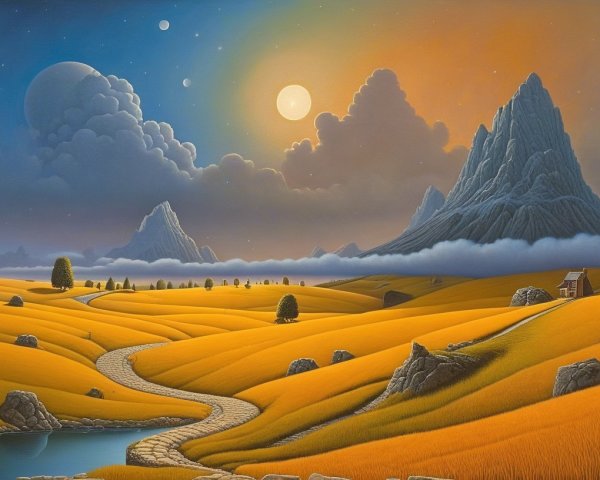 Golden Fields and Majestic Mountains Under Vibrant Sky