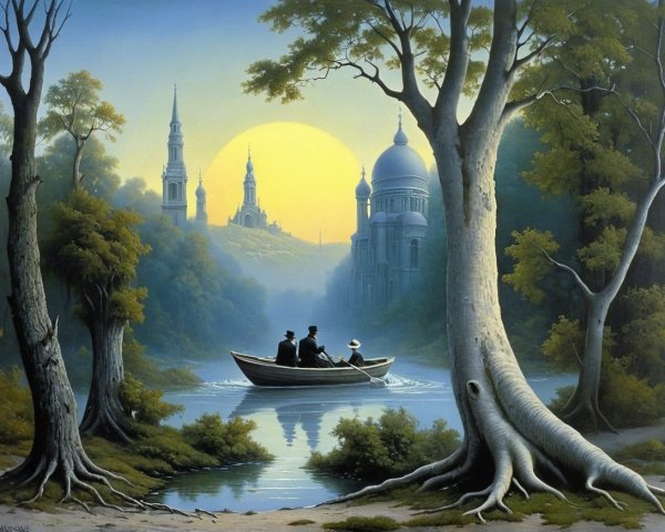 Tranquil River Scene with Rowing Figures and Sunlight