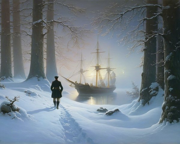 Serene Winter Landscape with Ship in Misty Bay