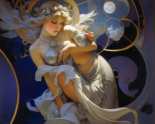 Celestial-Themed Woman in Elegant Flowing Garments