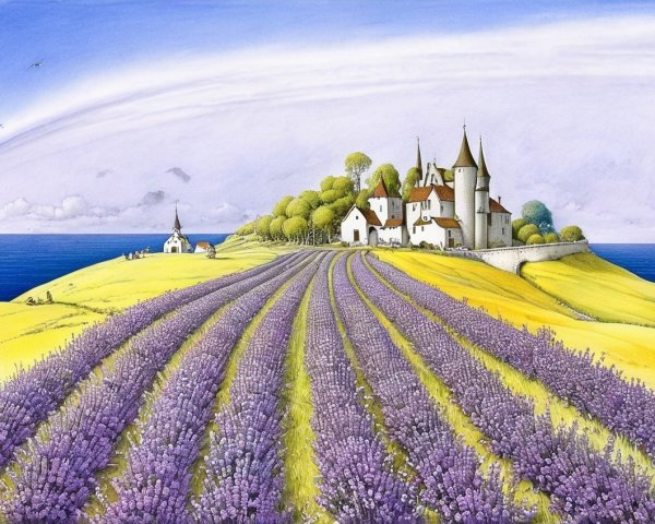 Vibrant Lavender Hills and Quaint Village by Sea