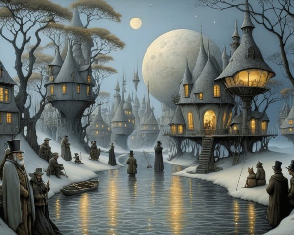 Whimsical Winter Scene with Fairytale Houses and Moonlight