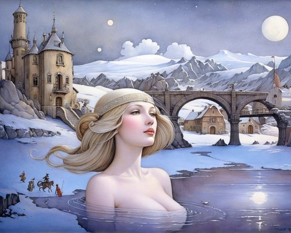 Winter Landscape with Woman by Tranquil Lake