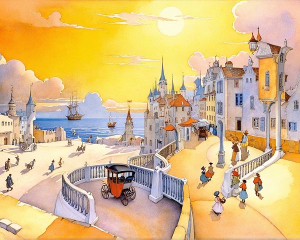 Pastel Coastal Town Landscape at Sunset