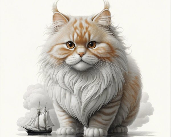 Whimsical Illustration of a Large Fluffy Cat and Ship
