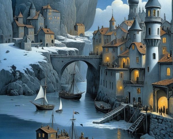 Moonlit Harbor Scene with Elegant Buildings and Cliffs