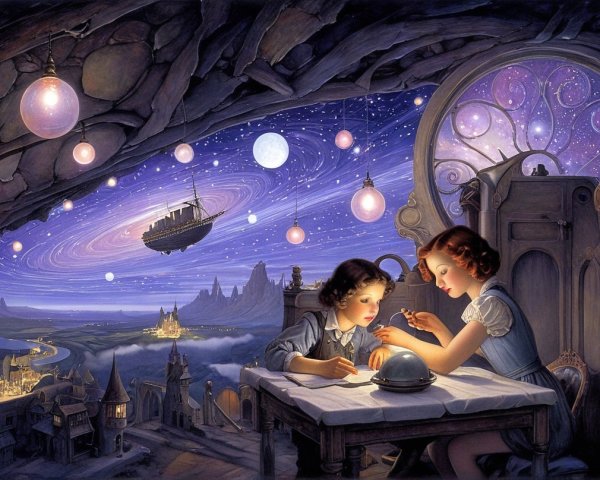 Whimsical Scene of Girls in a Magical Landscape