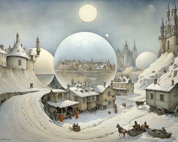 Winter Village Scene with Snowy Landscape and Orbs