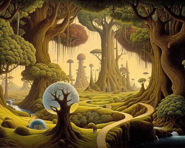 Whimsical Landscape with Oversized Trees and Mushrooms