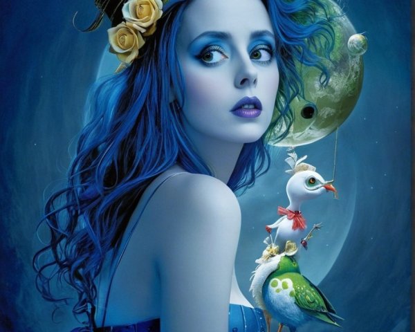 Mystical Woman with Blue Hair in Cosmic Setting
