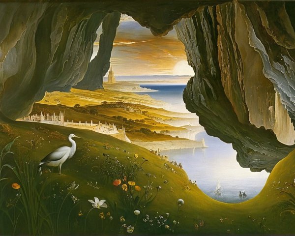 Serene Cave Landscape with Hills and Tranquil Sea
