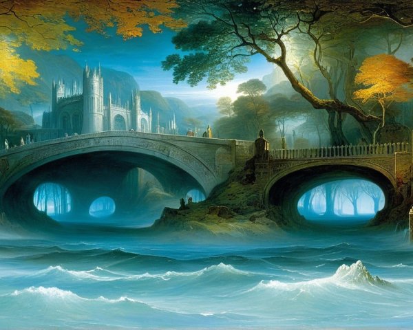 Mystical Landscape with Water, Bridges, and Castle