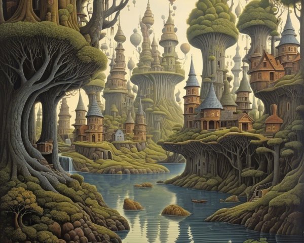 Whimsical Landscape with Surreal Trees and Castles