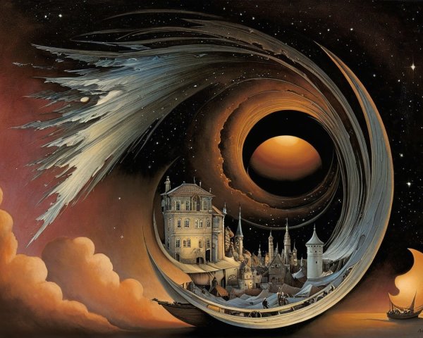 Surreal Dreamlike Landscape with Vortex and Cityscape
