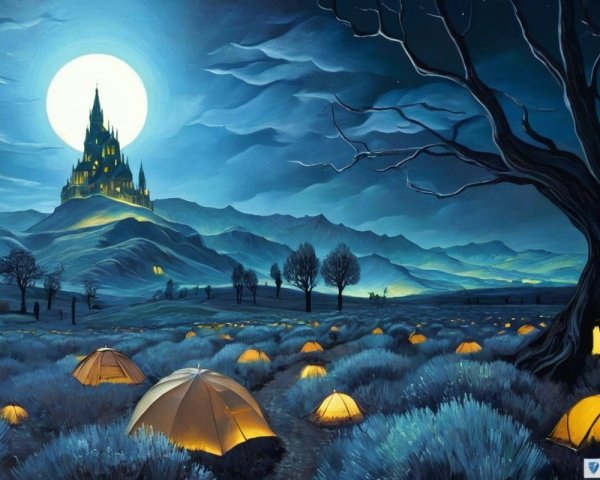 Majestic Castle and Lavender Fields Under Moonlight