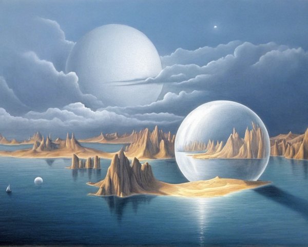 Surreal Landscape with Two Moons and Reflective Sphere