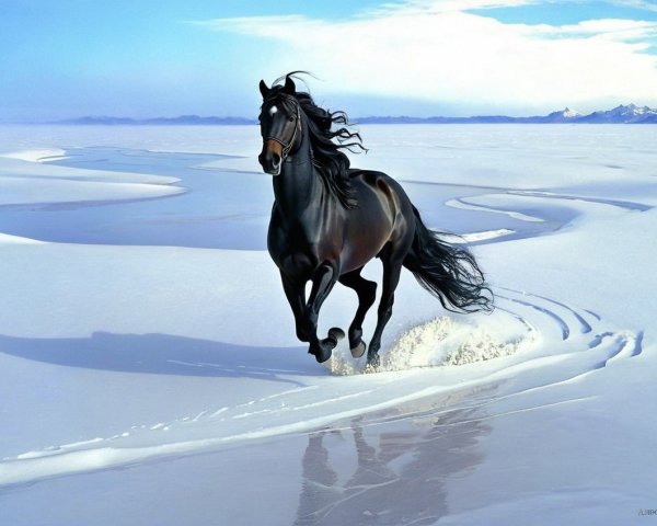 Black Horse Galloping in Snowy Landscape with Mountains