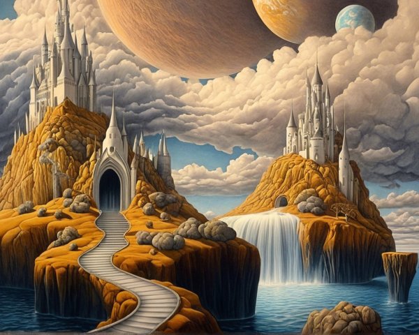 Surreal Landscape with Castles and Floating Planets