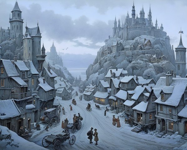 Winter Village Scene with Snow and Majestic Mountains