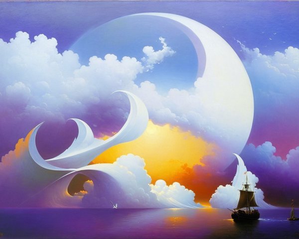 Surreal Seascape with Ship and Vibrant Sunset Colors