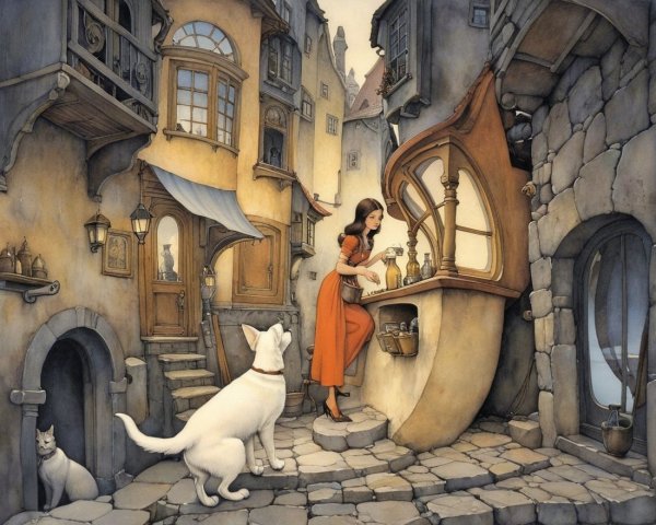 Whimsical Alleyway with Potions and Charming Architecture