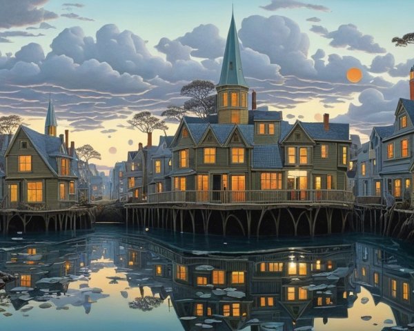 Twilight Scene of a Coastal Village with Reflective Water