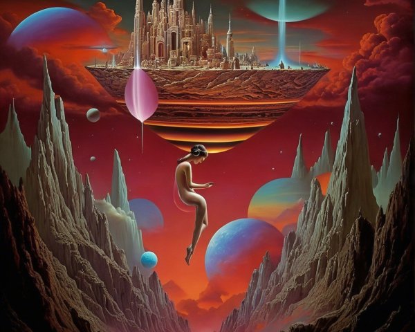 Surreal Landscape with Jagged Mountains and Floating City