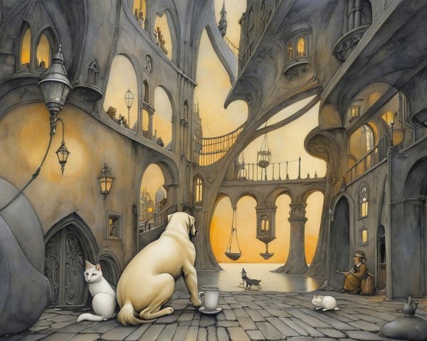 Surreal Architectural Scene with Animals at Dusk
