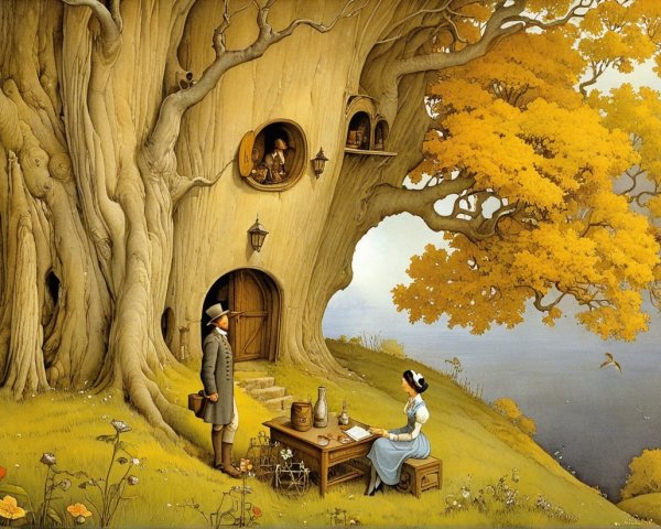 Whimsical Scene by a Giant Tree with Cozy Home Trunk