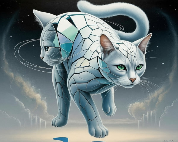 Surreal Two-Headed Cat in Dreamy Night Sky