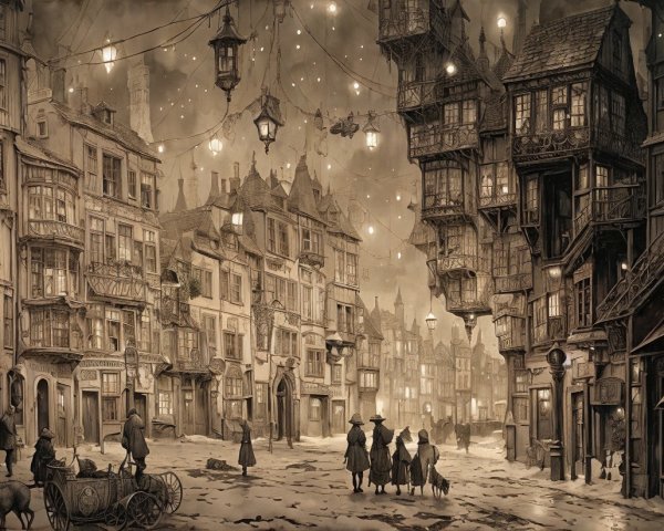 Snow-Covered Vintage Town Street with Lanterns and Buildings