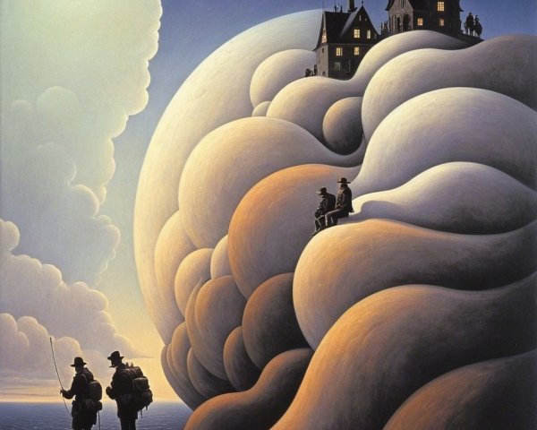 Surreal Landscape with Figures and Luminous Moon