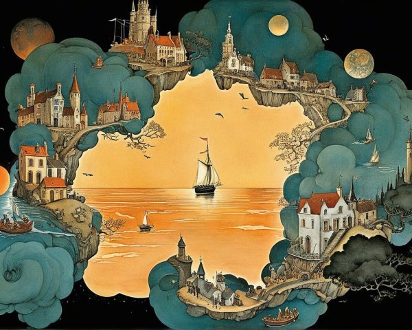 Whimsical Fantasy Landscape with Celestial Backdrop