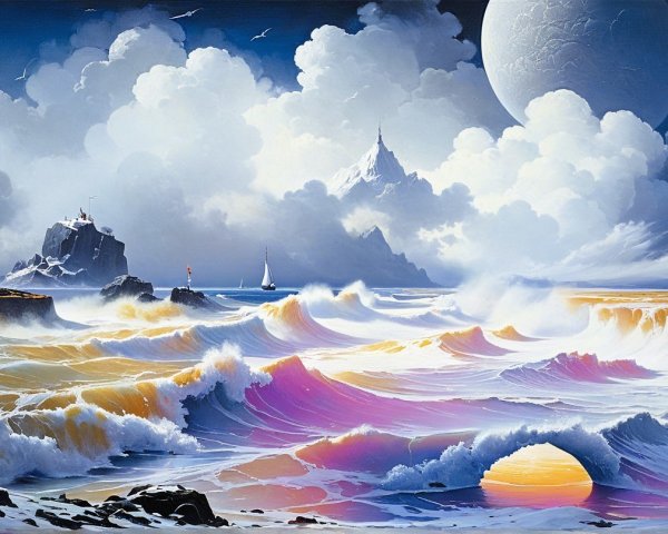 Surreal Seascape with Waves and Setting Sun