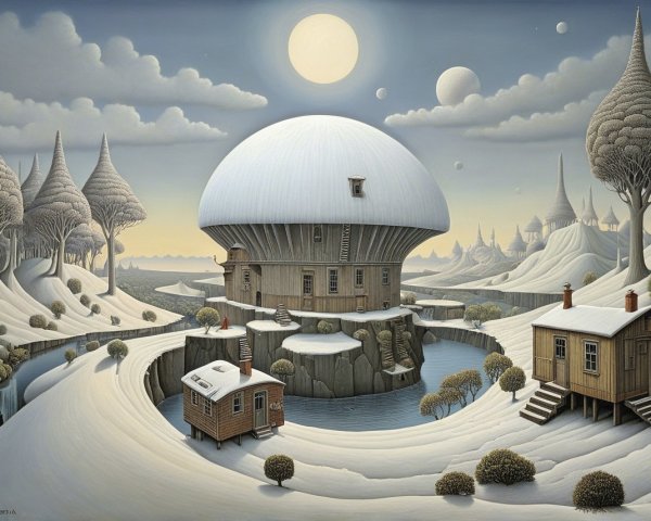 Surreal Landscape with Dome Structure and River
