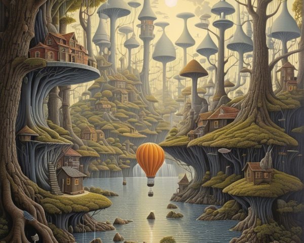 Whimsical Landscape with Trees, Mushrooms, and River