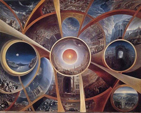 Surreal Artwork with Interconnected Circular Scenes