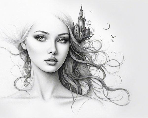 Portrait of a Woman with Castle and Fantasy Elements