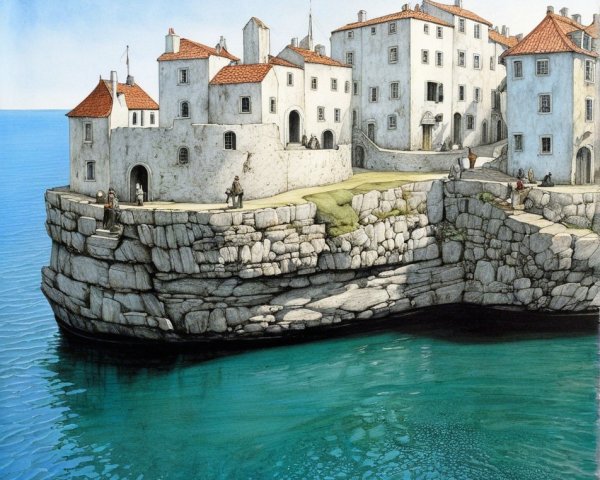 Coastal Scene with Whitewashed Buildings and Turquoise Waters