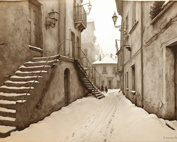 Narrow Snowy Street with Historic Architecture and Lanterns