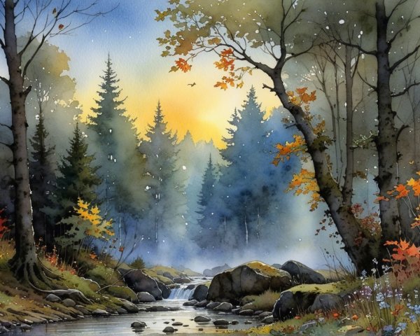 Tranquil Forest Watercolor Scene at Dawn