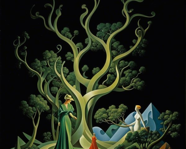 Stylized Figures Amidst Abstract Nature Elements