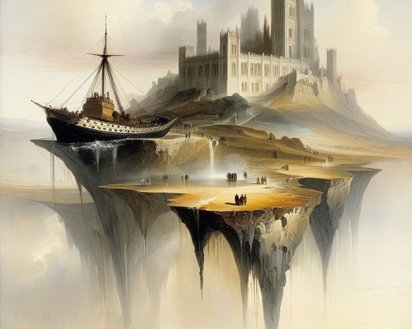 Surreal Landscape with Floating Castle and Waterfalls