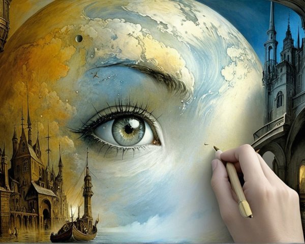 Surreal Scene with Eye Over Castles and Waterways