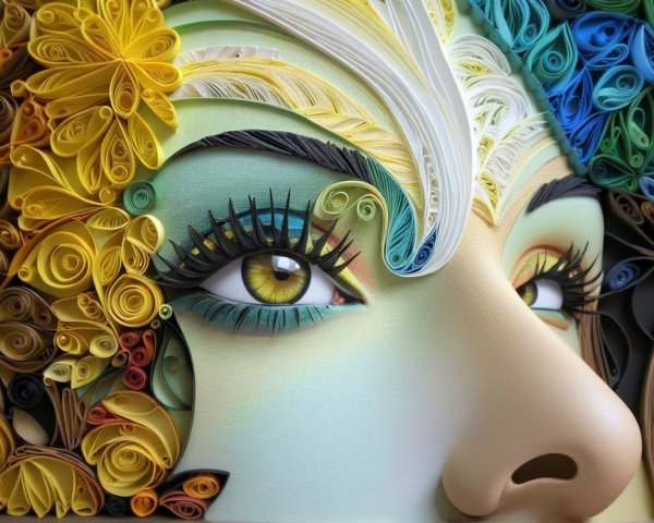 Close-Up of a Stylized Face with Rolled Paper Elements