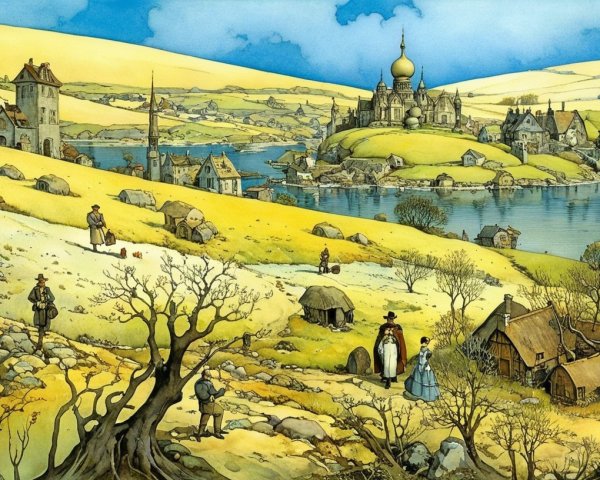 Whimsical Landscape with Hills, Lake, and Castle