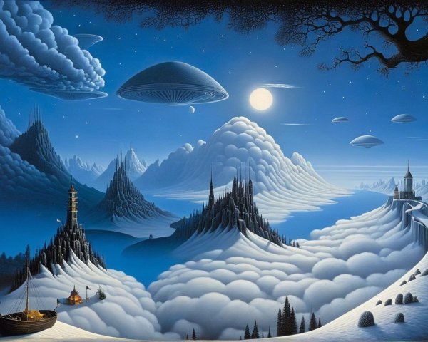 Surreal Night Landscape with Mountains and Spacecraft