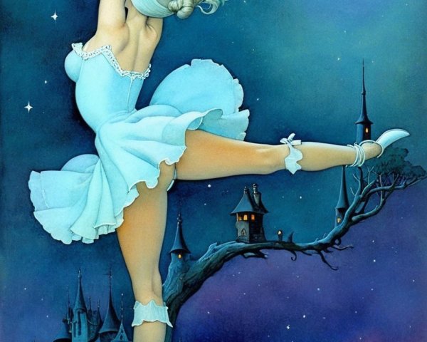 Ballerina in Blue Dress Dances Among Fantasy Castles
